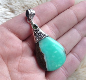 Zilveren edelsteen hanger Boulder Chrysopraas en Peridot